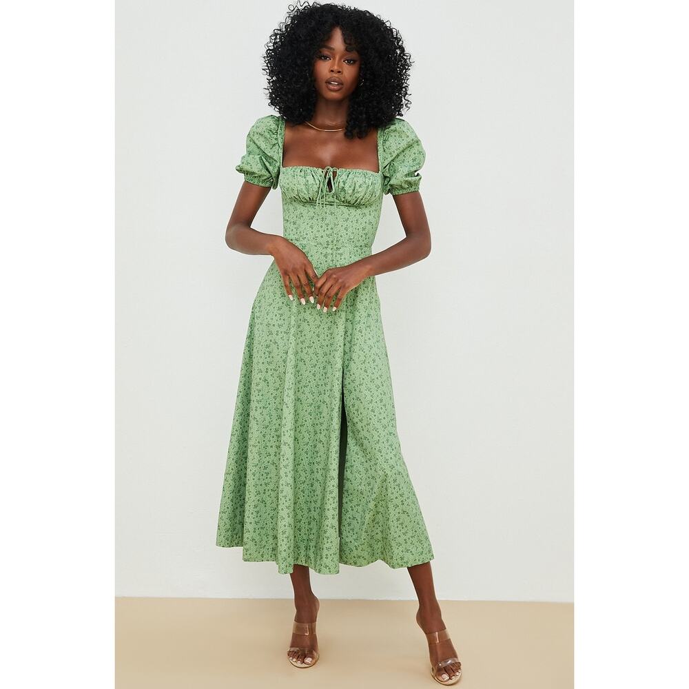 House of CB Tallulah Green Tonal Floral Puff Sleeve Midi Dress M - Picture 6 of 7